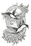 Can you make a tattoo design for the inner forearm with two coi swimming in a circle and above that two swallows flying  tattoo design idea
