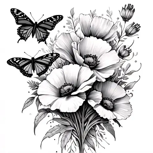 spine tattoo native mexican Purepecha art with california poppies and monarch butterflies NO color tattoo design idea