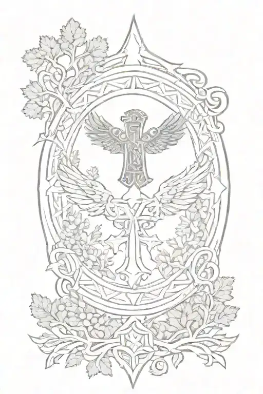 Rooker Family Crest with a celtic cross in a circle as a shield surrounded by cedar trees with  6 Crows tattoo design idea