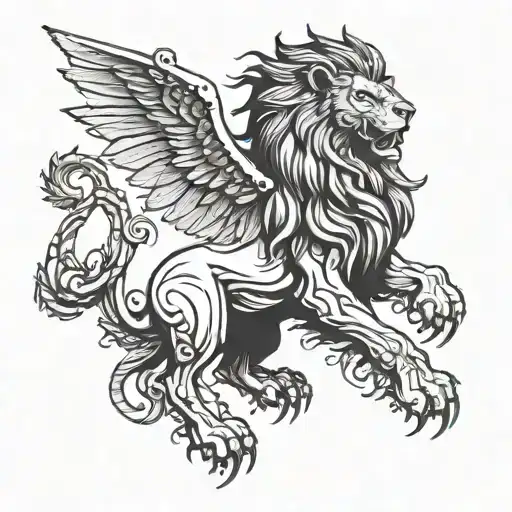 A mythical creature with the body of a lion and wings of a dragon, surrounded by other animals tattoo design idea