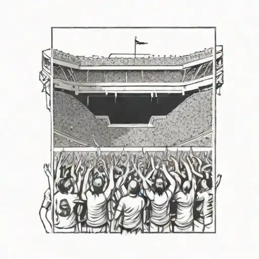 A detailed illustration of a football stadium packed with cheering fans in black-grey shading tattoo design idea