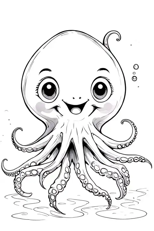 A detailed black-and-white underwater scene featuring a friendly octopus with a big, cheerful smile. tattoo design idea