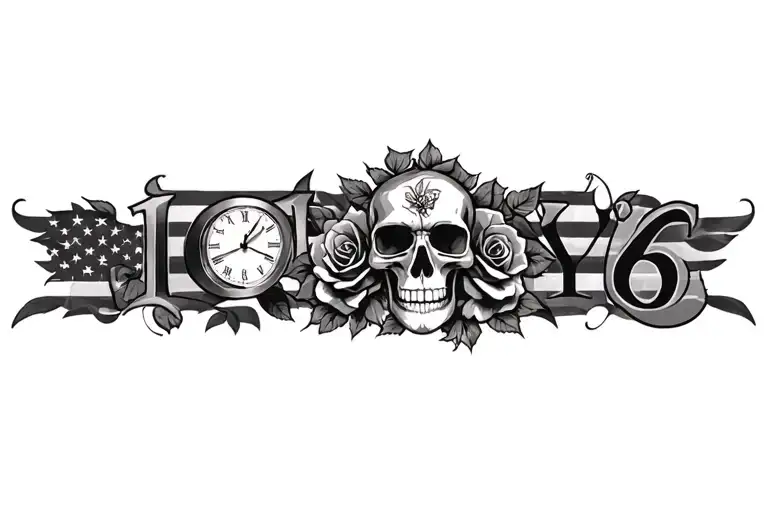Skull, roses, clock, letters 'IGY6' us flag tattoo design idea