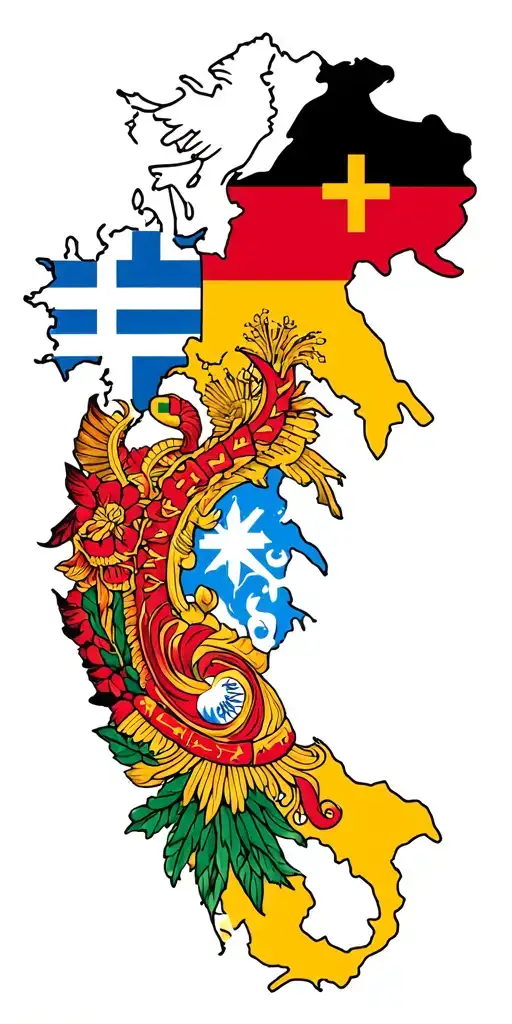 full sleeve tattoo inspired by these countries: Germany, Italy, Spain, Greece, Cyprus, Switzerland, England, Sco tattoo design idea