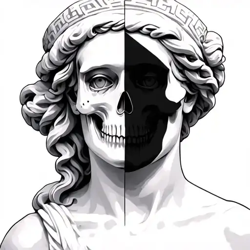 women greek statue with half skull face tattoo design idea