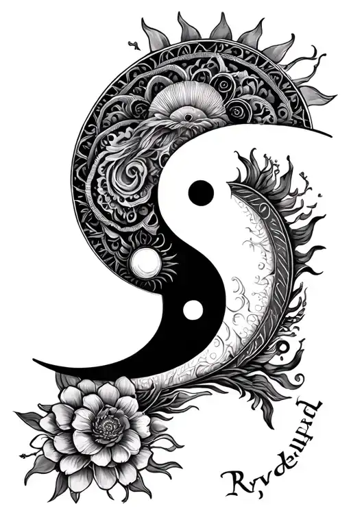 mandala ying yang and sun moon with my twins name ryder and Tahlia with male and female energy, ying yang together tattoo design idea