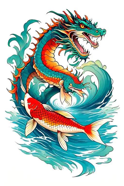 Dragon going down hand and a koi fish swimming upstream a river flowing on the tattoo  tattoo design idea