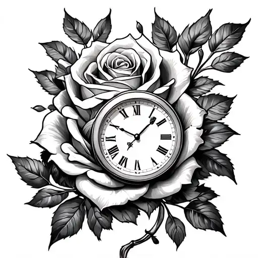 clock and rose intertwined tattoo design idea