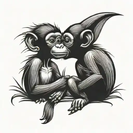 Tribal tattoo in the form of a ying and yong. Fine line. Two little Bonobos. In love. Smiling. Male and female. Nestled  tattoo design idea