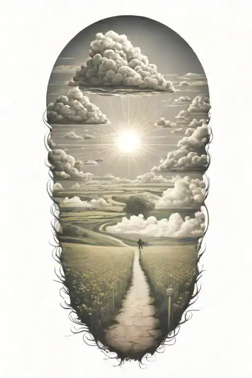 Field path around clouds at the end of the path a sun with 2 birthdays in it and 4 birthdays in the sunbeams tattoo design idea