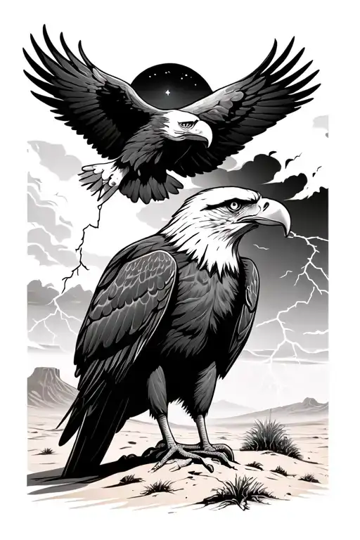 black and white tattoo style photo of Night time in the desert with lightning strike and bald eagle in the sky with a 72 tattoo design idea