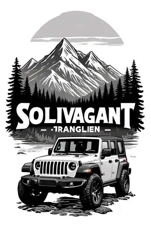 "Solivagant" "Solivagant" "Solivagant" "Solivagant" topless jeep wrangler in wilderness creek and mountains joined together tattoo design idea