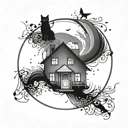 house in a circle with reference to cats and inside a simple circle tattoo design idea