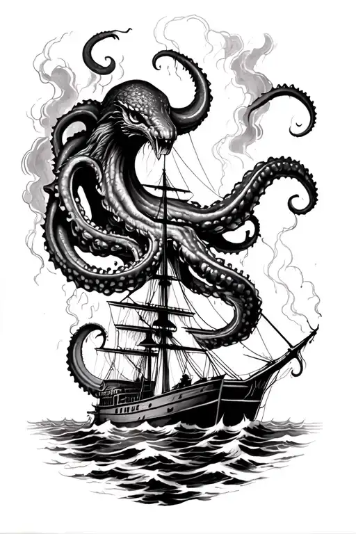 a full left leg sleeve scene of a kraken taking down a ship from underneath. in the middle of a raging thunderstorm. tattoo design idea