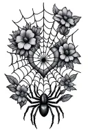 spider web with heart and spider with flowers tattoo design idea