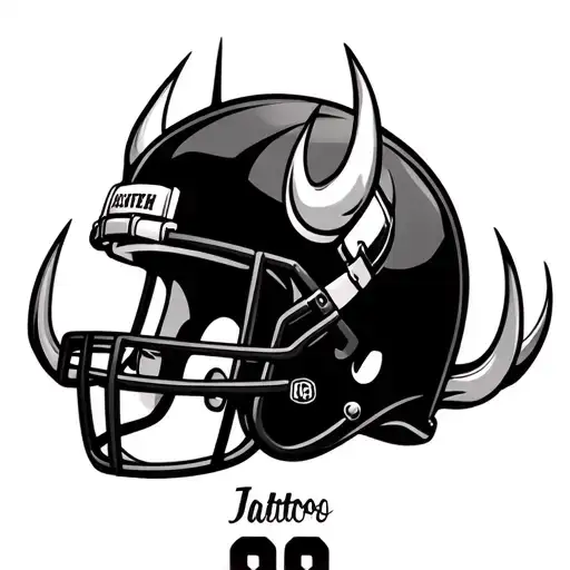 An American football helmet with viking horns with the number 99 in varsity font writing slightly below  tattoo design idea