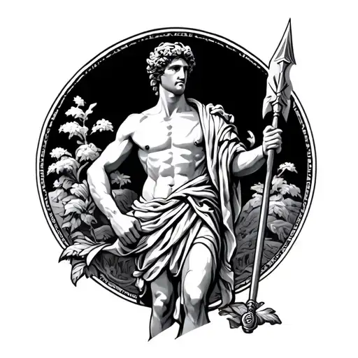Greek god Adonis. Classical style with spear weapon in hand.  tattoo design idea