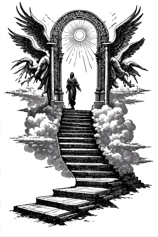 Stairway To Heaven Walking Up Stairs Angels Sun Rays Clouds Heaven Gate At The Top Of The Stair tattoo design idea