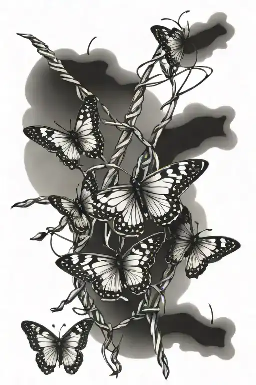 barbed wire with 6 butterflys flying tattoo design idea