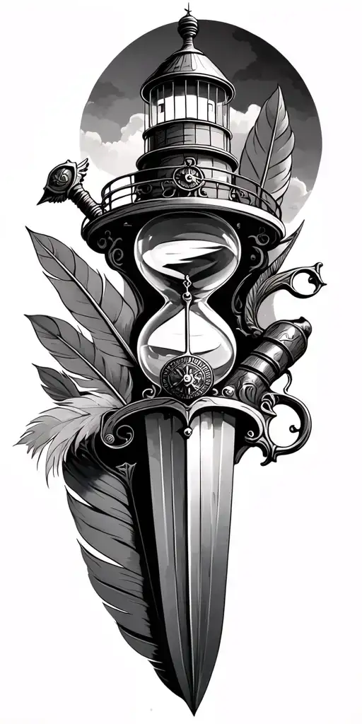 lighthouse, flintlock pistol, hourglass, quill pen, cutlass sword and compass tattoo design idea