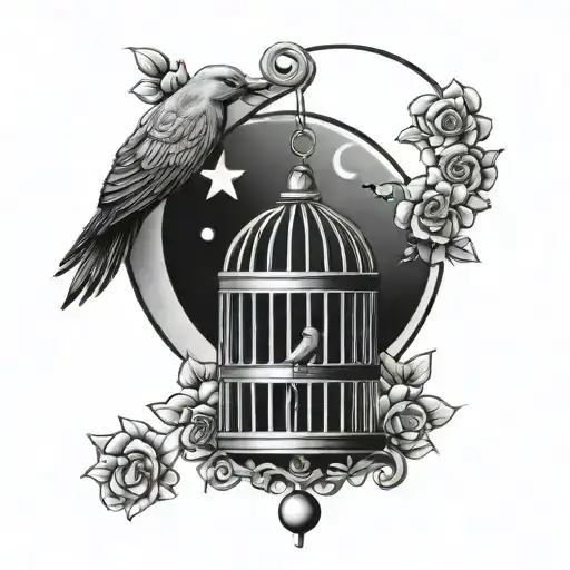 bird cage crescent moon tattoo design idea