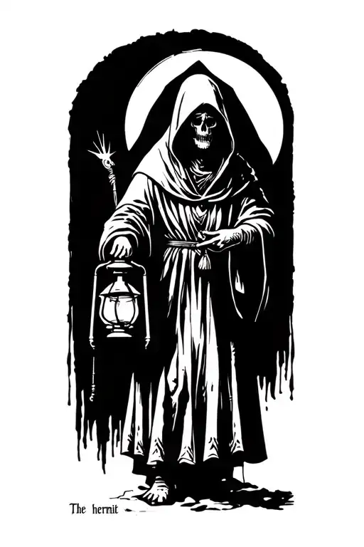 The hermit tarot walking sideways in darkness holding a lantern thats emitting light. Skull face cloaked in hood tattoo design idea