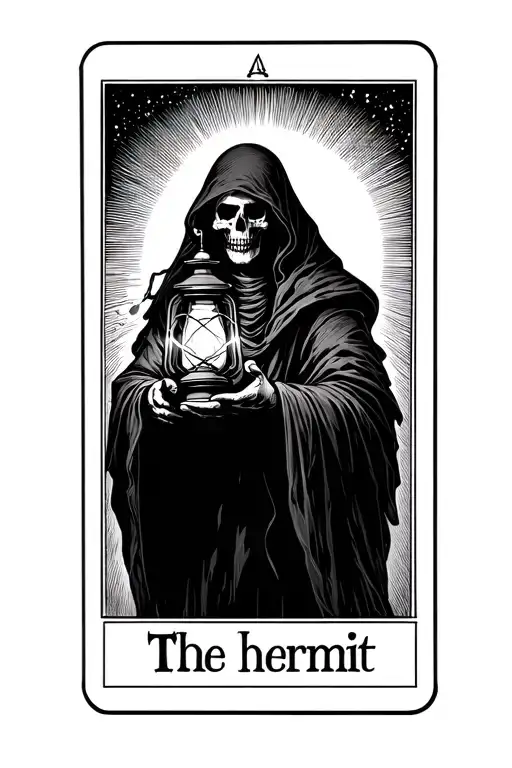 The hermit tarot card walking sideways in darkness holding a lantern thats emitting light. Skull face cloaked in hood tattoo design idea