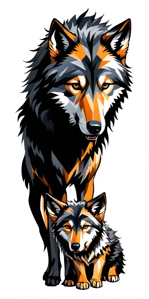 The wolf protects his two wolf cubs and grimaces tattoo design idea