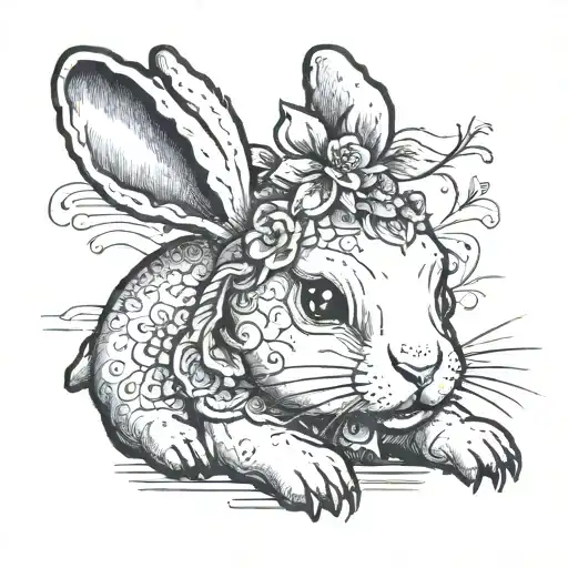 A depressed stuffed rabbit with deep, empty black eyes, its head heavily lowered as if carrying an invisible burden. Its tattoo design idea