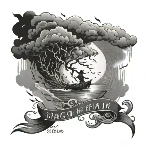 Storm with quote "drag me the rain" written tattoo design idea