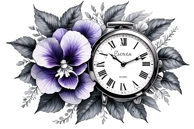 timepiece + African violet flowers tattoo design idea