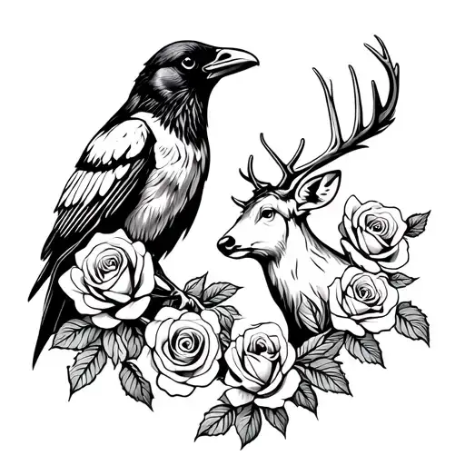 Crow with roses and deer tattoo design idea