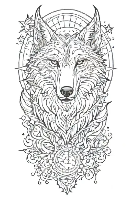 half wolf head with one wing and moon sun stars tattoo design idea