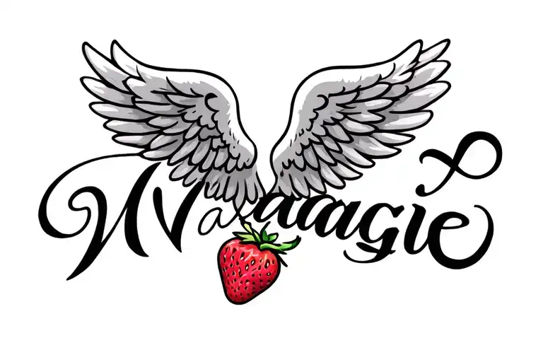 the name "maggie" with angel wings. Include a strawberry. tattoo design idea
