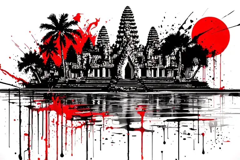 angkor wat, sun on the right side, palms, water, black and red tattoo design idea