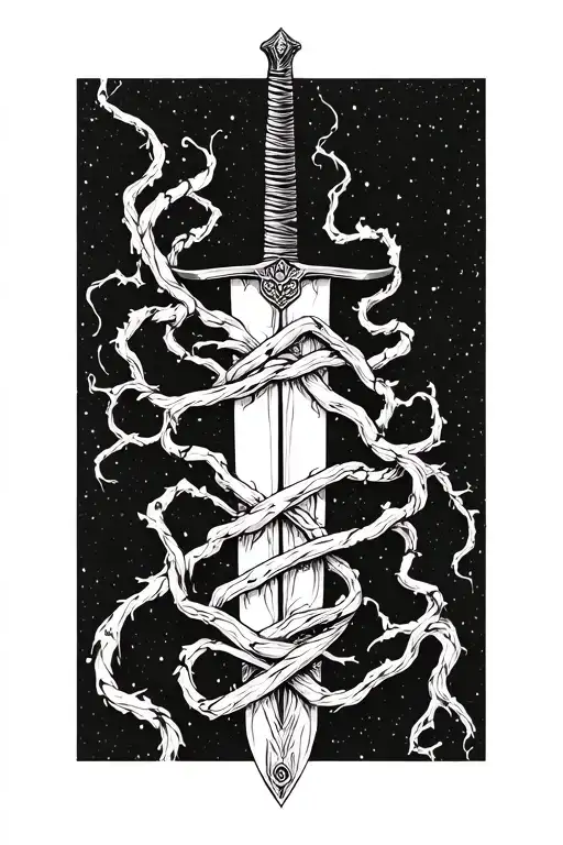 thin swords wrapped in thin vines hanging tattoo design idea
