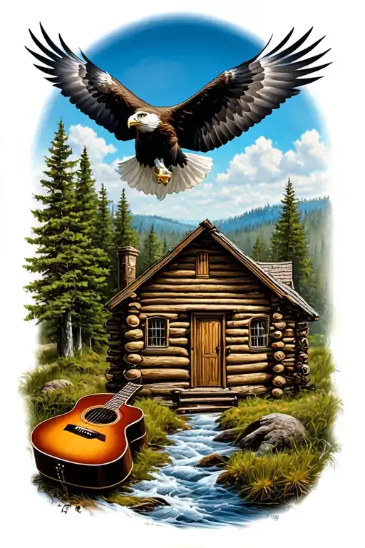 Log Cabin With An Acoustic Guitar In Front And An Eagle Flying Above. Nature Scene Tattoo tattoo design idea