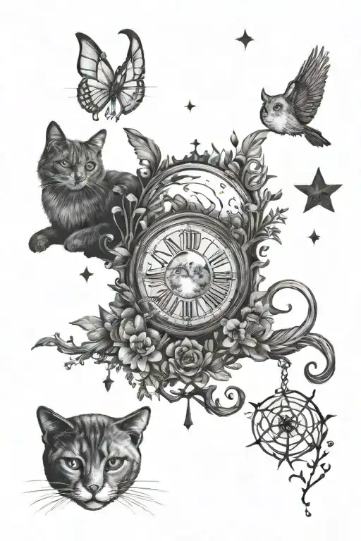 Gothic, feminine tattoo including these things: spiritual things such as moons, stars, forest elements, cats, no people tattoo design idea