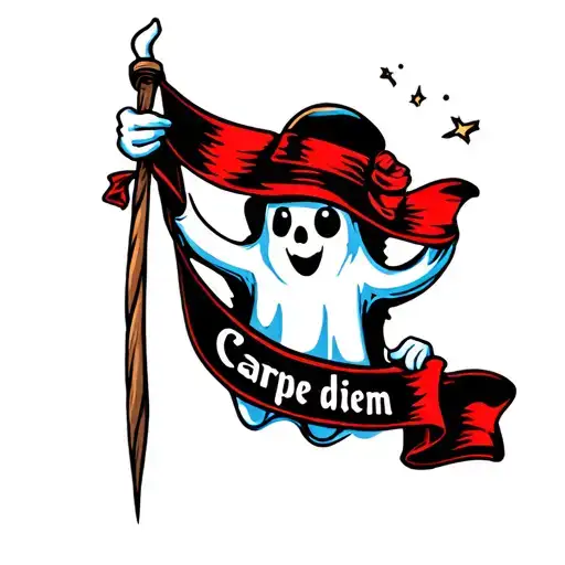 Cute Ghost peeking behind a banner which he is holding flicking someone off as it says carpe diem tattoo design idea