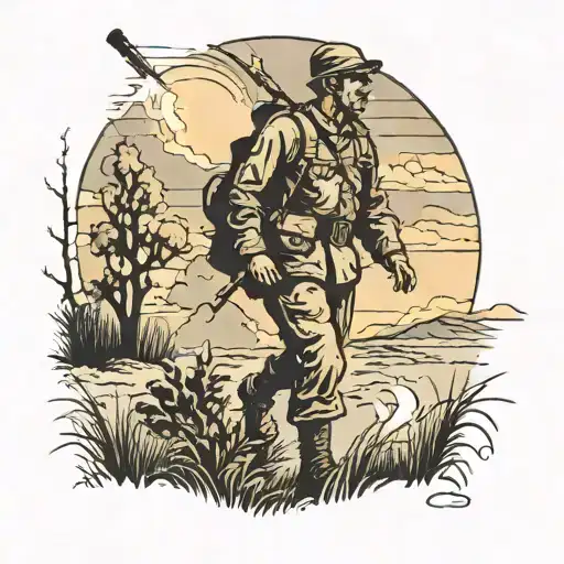 a soldier in full height walking across a field behind him there is a war but through the smoke you can see the sunset tattoo design idea