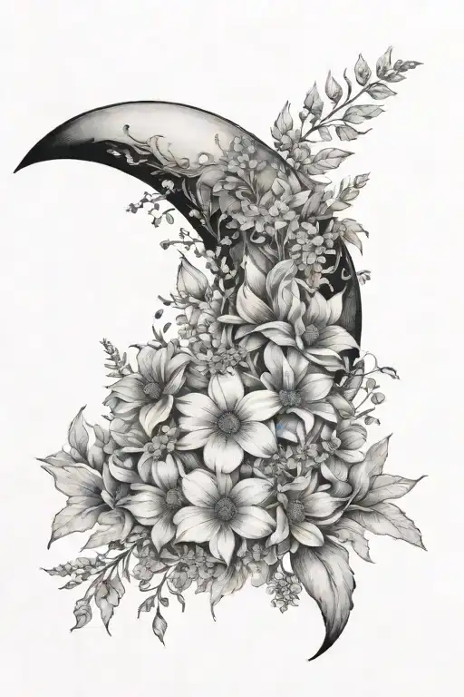 crescent moon surrounded by wild flowers thin lines tattoo design idea