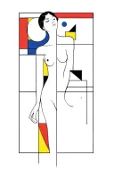 Woman in Bauhaus Style including Colors red yellow and blue and triangle square and circle tattoo design idea