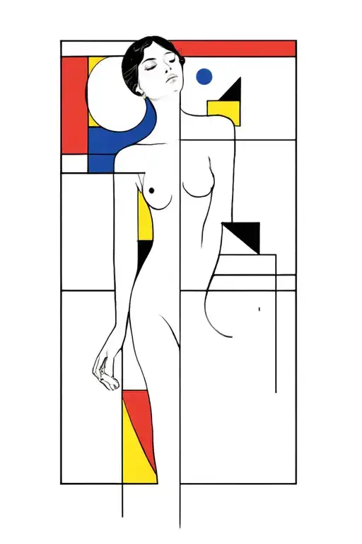 Woman in Bauhaus Style including Colors red yellow and blue and triangle square and circle tattoo design idea