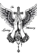 "In Loving Memory" "In Loving Memory" Praying Hands, Rosary beads intertwined with cross, Wings, Realism, Rose tattoo design idea