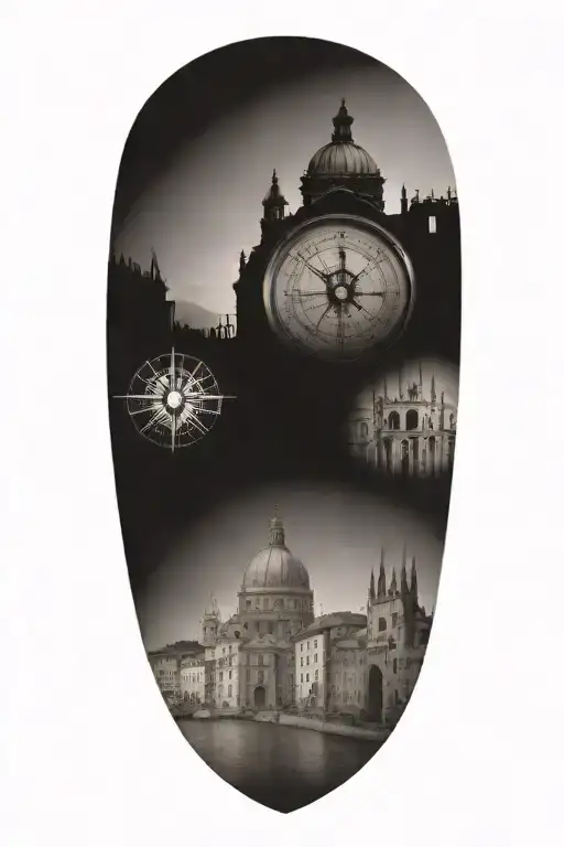 travel inspired tattoo with faded edges featuring compass and italian inspired buildings tattoo design idea