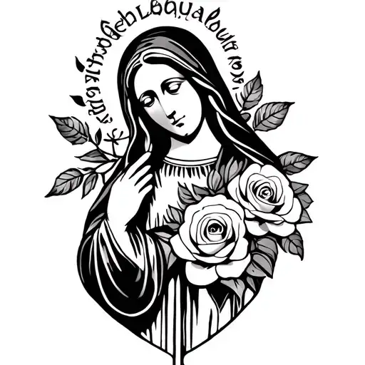 virgin mary Guadalupe top half with roses simple outline tattoo design idea