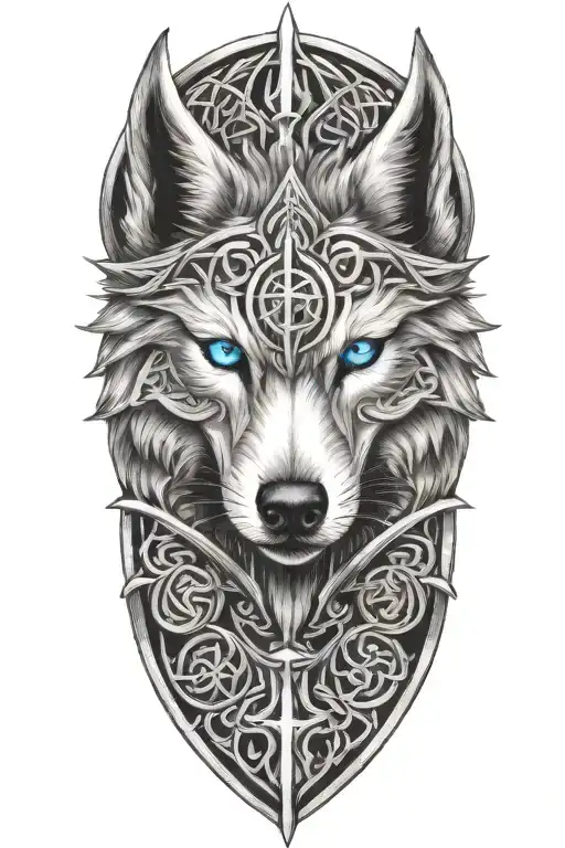 wolf with blue eyes on armor tattoo design featuring Celtic trinity knot  tattoo design idea