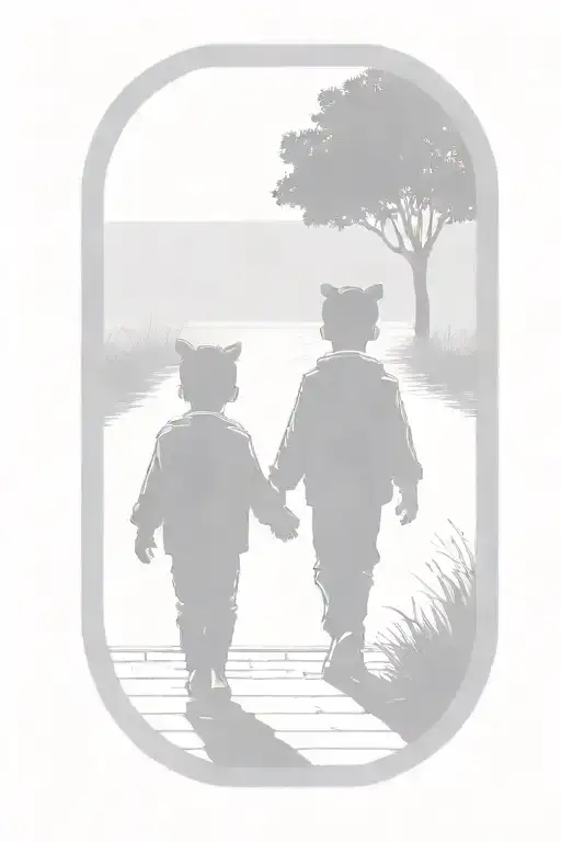 2 small brothers, holding hands one taller a bigger than the other the small one ears stick out tattoo design idea