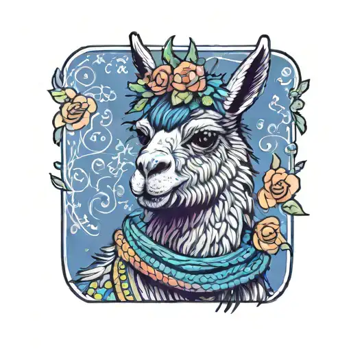 colorful llama with flower crown knitting a blanket tattoo design idea