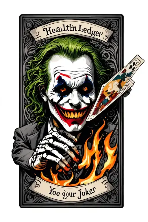 joker health ledger on a card tat with a skeleton hand holding the card while it's on fire and a joker quote below  tattoo design idea